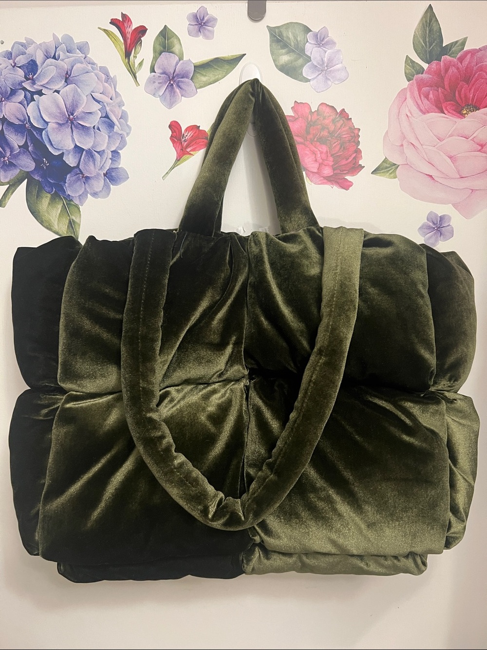 Anthropologie Olive Green Velvet Puffer Tote